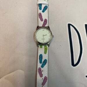 Watch White Buckle Colorful Sandals Band Silver Tone Round Face